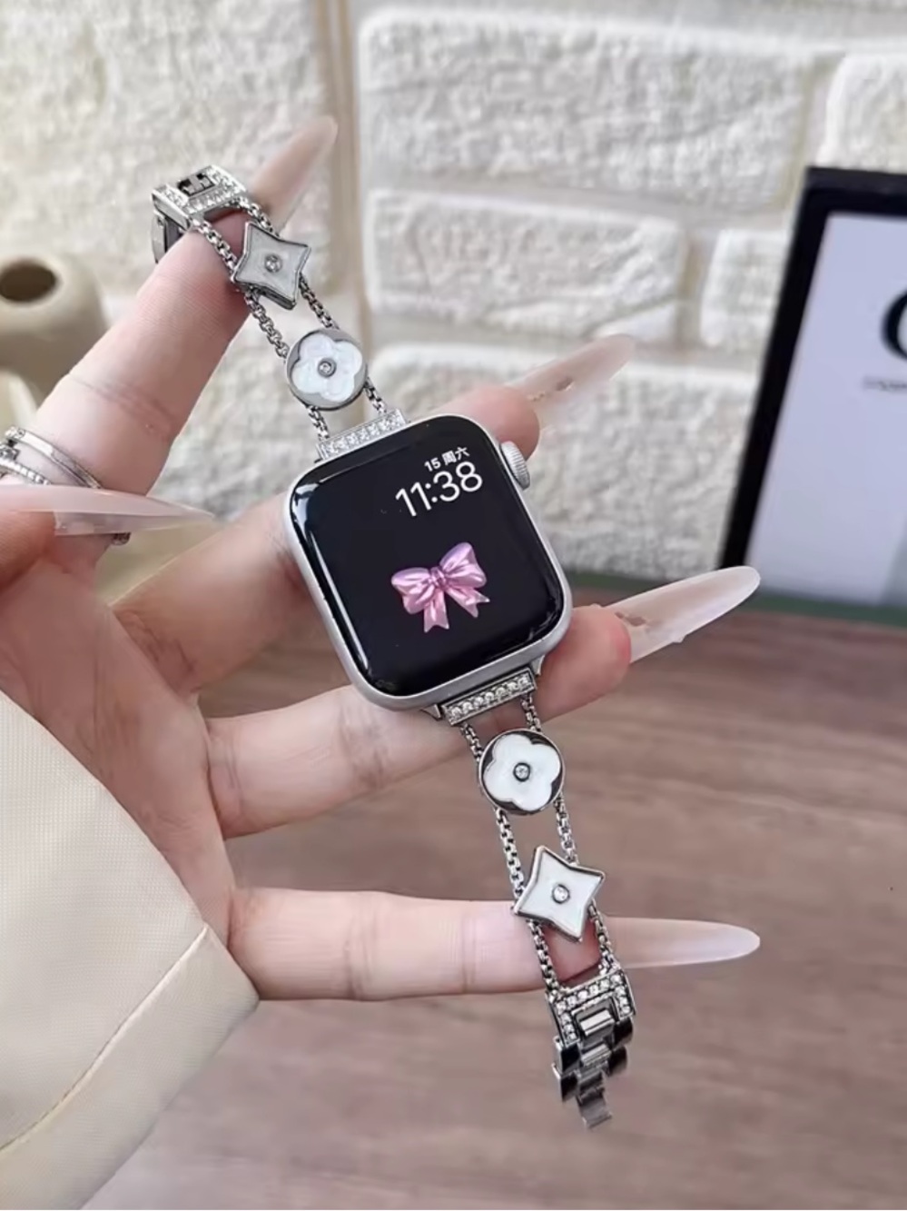 Macy's Silver Floral & Star Charm Watch Bracelet 42 mm